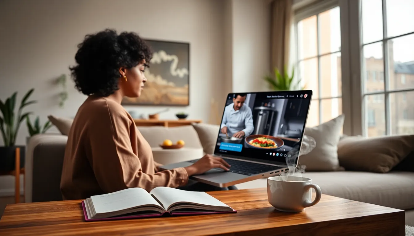 woman watching a MasterClass video in a modern living room.