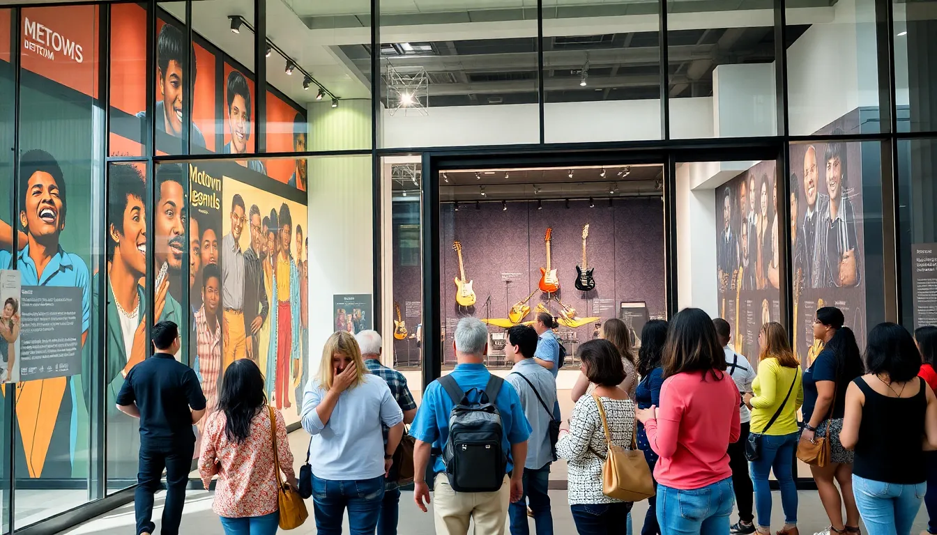 diverse visitors at the Mo Pop Museum admiring music exhibits.