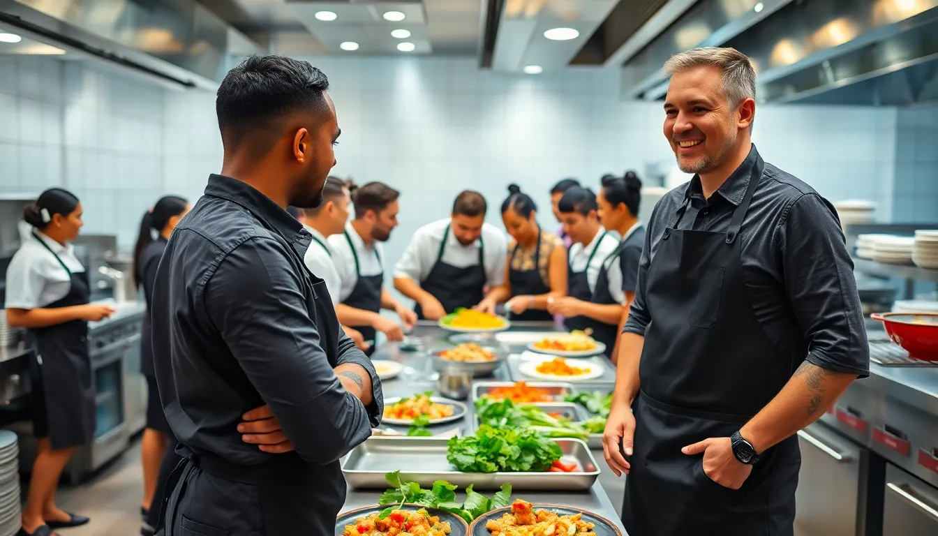 diverse restaurant team collaborating in a busy kitchen.