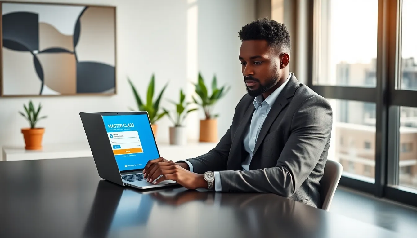 individual logging into Master Class on a laptop in a modern workspace.