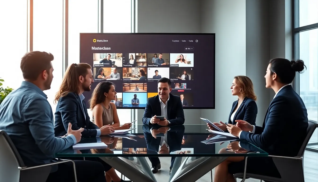 diverse professionals engaging with a Masterclass course in a modern office.
