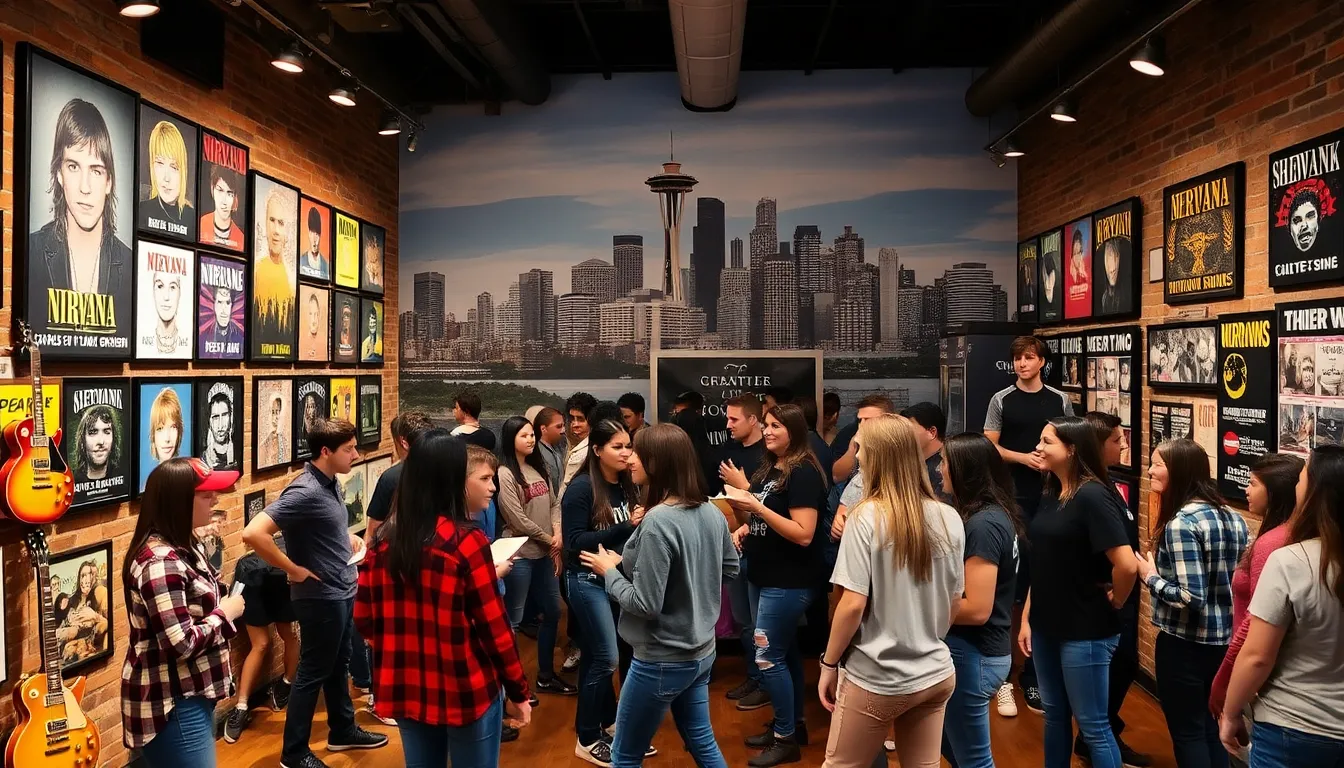 visitors exploring exhibits at the Seattle Grunge Museum.