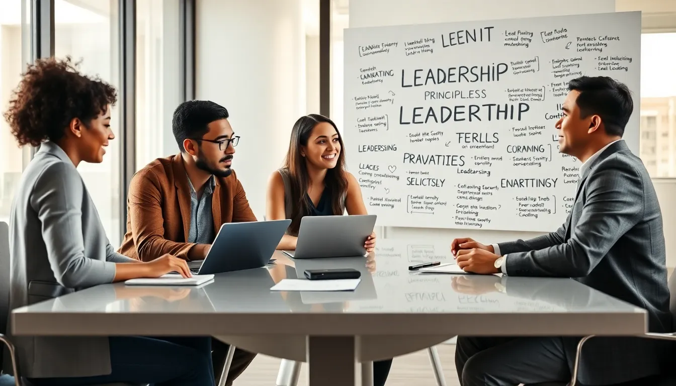 diverse team collaborating on leadership strategies in a modern office.
