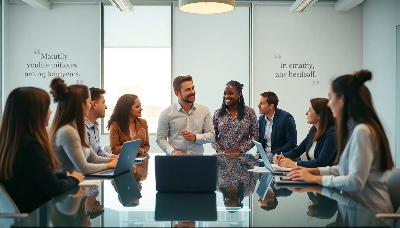 diverse team discussing empathy in a modern office.